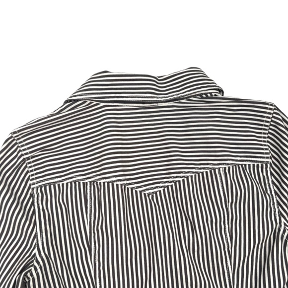 Guess Gray White Stripe Ruffle Fitted V-neck Button Up Shirt Size Medium - Picture 6 of 10